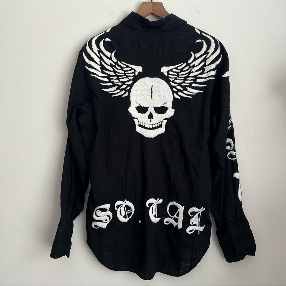 Raw 7 men button up shirt long sleeve Scull Wings spell out embroidery black L